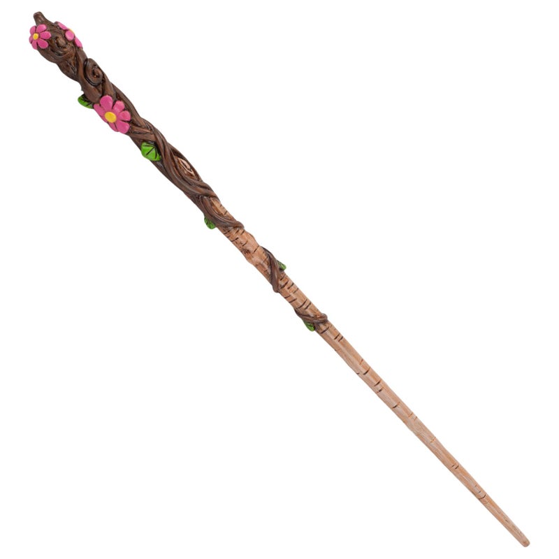 Cottage Garden 13.75-in Resin Collectible Witch Wizard Cosplay Magic Wand, Brown Woodgrain Pink Flower - Image 1